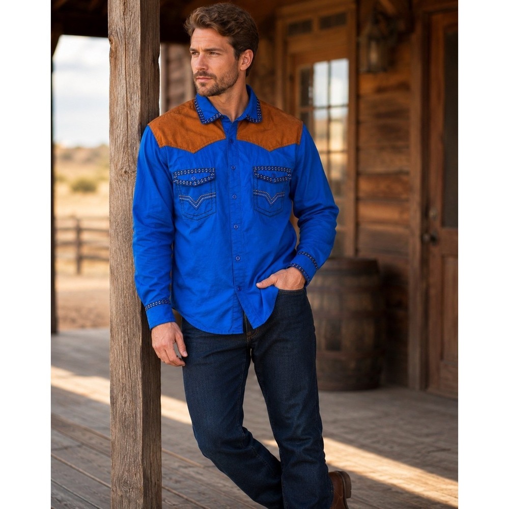COOFANDY Men's S Blue Western Cowboy Shirt Faux Suede Yoke Embroidered